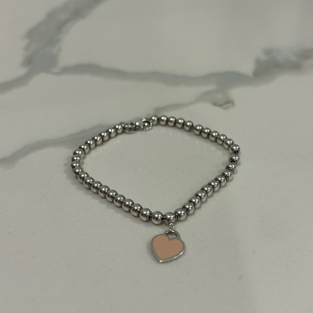 Silver Beaded Bracelet with Pink Heart Charm - Women Jewelry